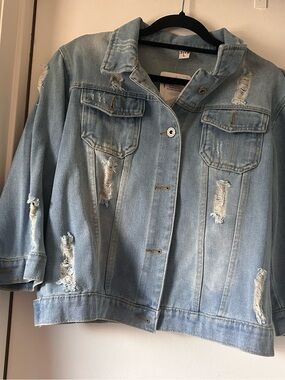 Light Blue Distressed Denim Jacket - Women